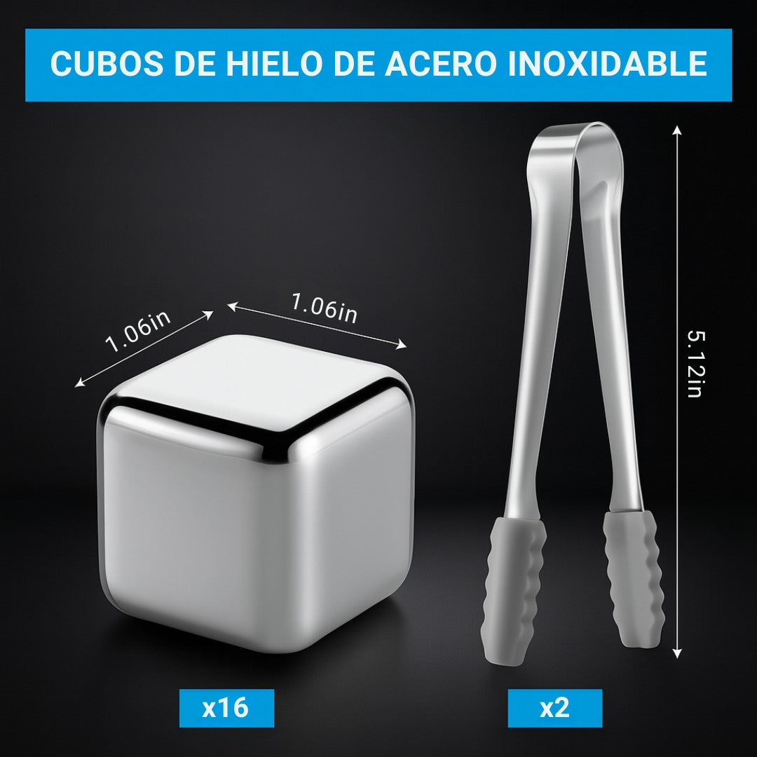 Set Premium: 16 Cubos Inoxidables + Pinzas + Guía Digital para Hacer Cocteles Profesionales Gratis