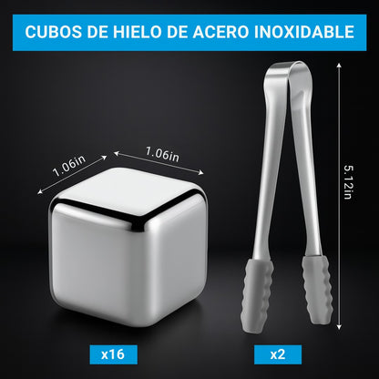 Set Premium: 16 Cubos Inoxidables + Pinzas + Guía Digital para Hacer Cocteles Profesionales Gratis