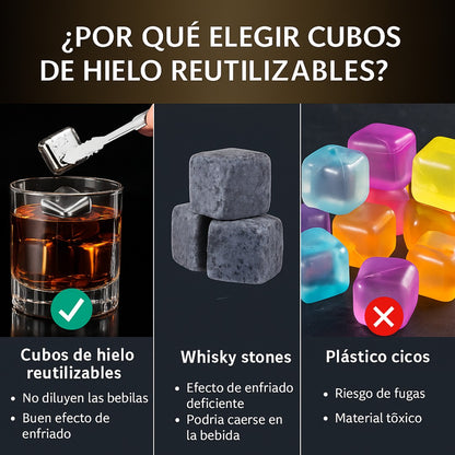 Set Premium: 16 Cubos Inoxidables + Pinzas + Guía Digital para Hacer Cocteles Profesionales Gratis