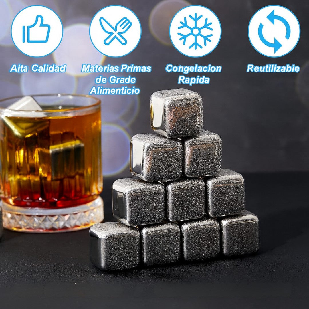 Set Premium: 16 Cubos Inoxidables + Pinzas + Guía Digital para Hacer Cocteles Profesionales Gratis