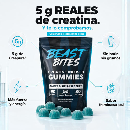 BEAST BITES 2 - Gomitas de creatina - 0.18 oz de monohidrato de creatina por porción, sin azúcar ni colorantes artificiales, bajas en calorías, veganas y halal, sabor frambuesa azul, 30 gomitas