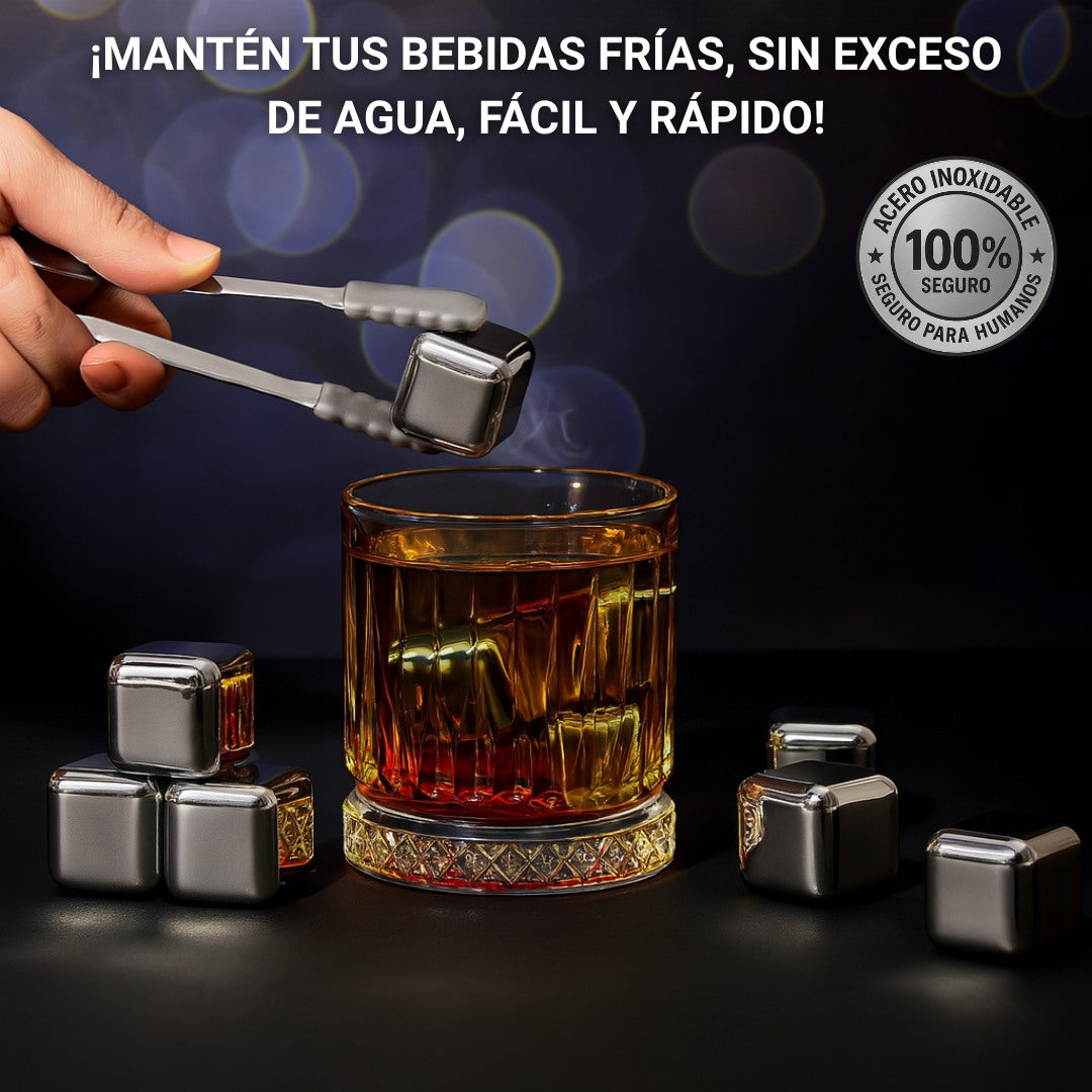 Set Premium: 16 Cubos Inoxidables + Pinzas + Guía Digital para Hacer Cocteles Profesionales Gratis