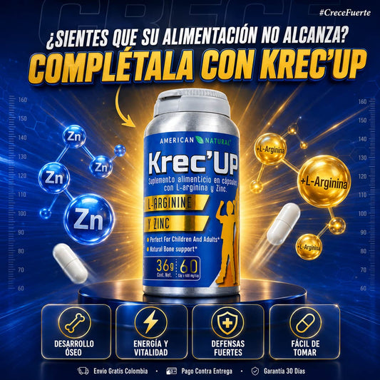 Krec Up cápsulas de crecimiento para crecer más alto - Maximizador de crecimiento de altura con calcio, zinc y L-Arginina, soporte de energía, vitalidad y defensas fuertes
